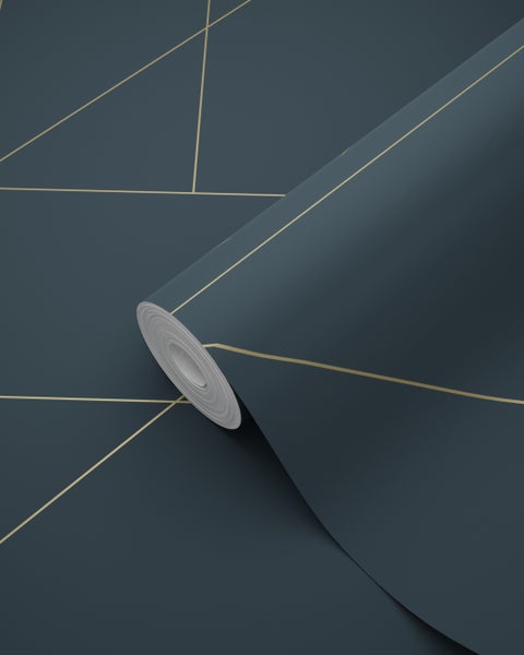 ESTAhome Tapete grafische Linien Dunkelblau und Gold - 53 cm x 10.05 m - 139213