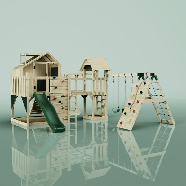 Kinderspielplatz aus Holz mit Rutsche, Schaukeln und Kletterwand