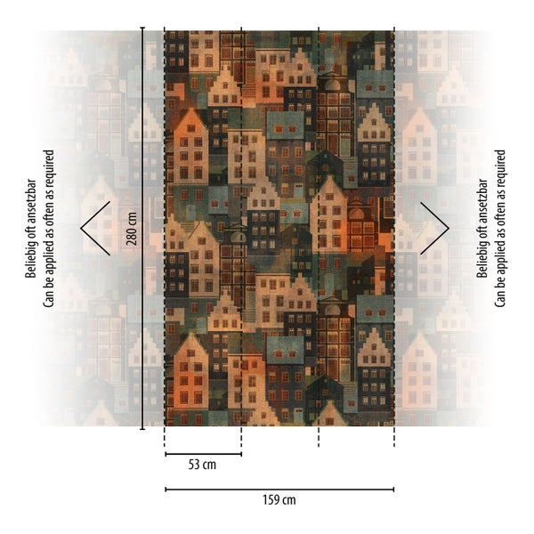Tapetenmuster mit Häusern, Rapport 53 cm, Breite 159 cm, Höhe 280 cm