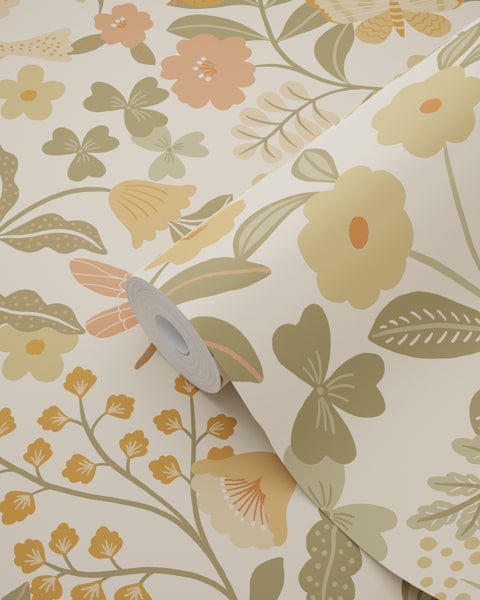 ESTAhome Tapete Blumen und Vögel Orange und Graugrün - 53 cm x 10.05 m - 131393