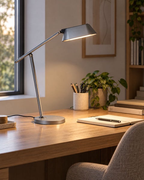 Moderne Schreibtischlampe auf einem Holztisch in einem Arbeitszimmer mit Notizbuch und Pflanze.
