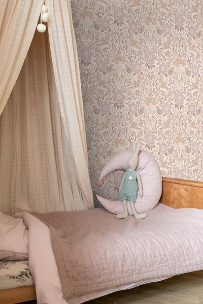 ESTAhome Tapete Blumen und Vögel Sandbeige und Violett - 53 cm x 10.05 m - 139829