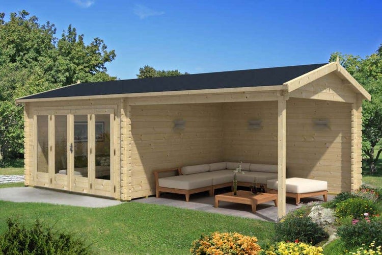 Alpholz Gartenhaus Freiburg-44 ISO Gartenhaus aus Holz, Holzhaus mit 44 mm Wandstärke inklusive Terrasse FSC zertifiziert, Blockbohlenhaus mit Montagematerial, Naturbelassen 7,6x4m