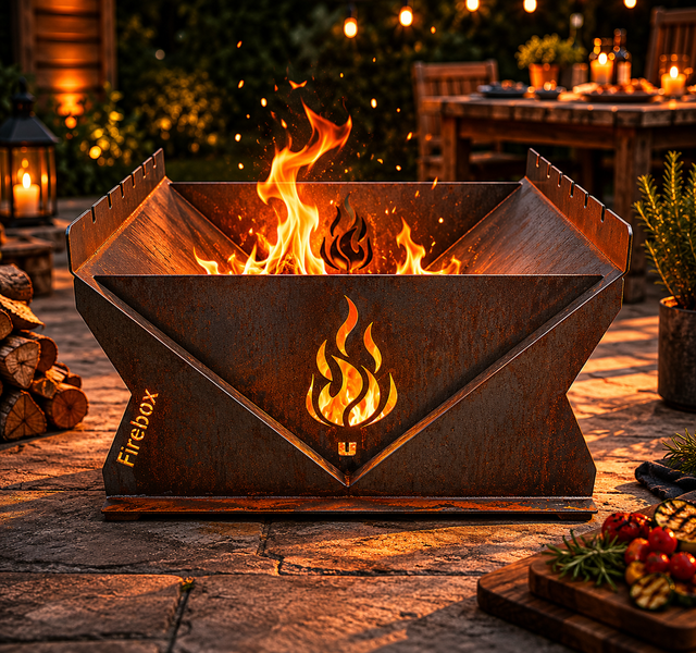 Eckige Feuerschale aus rostigem Stahl mit Flammen-Ausstanzungen und brennendem Holz auf einer gepflasterten Terrasse in einem beleuchteten Garten.