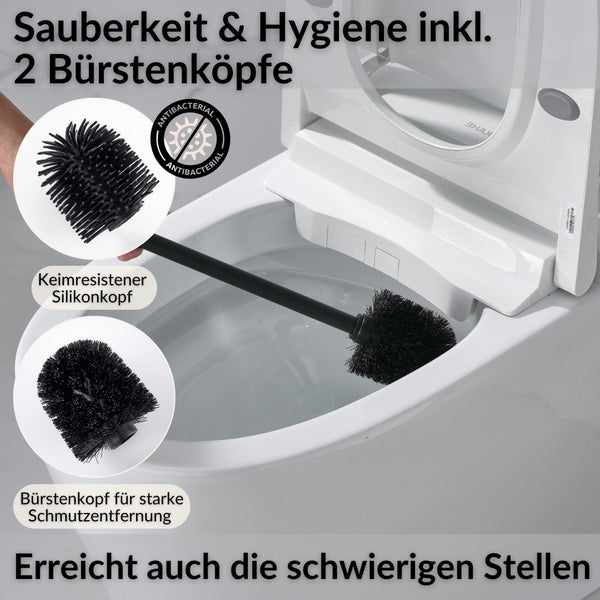 Toilettenbürste mit antibakteriellem Silikonkopf und Bürstenkopf für starke Verschmutzungen.