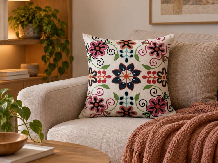 Quadratisches Sofakissen mit floralem Stickmuster auf beigem Bezug, platziert auf einem Wohnzimmersofa mit Strickdecke in einem gemütlichen Interieur.