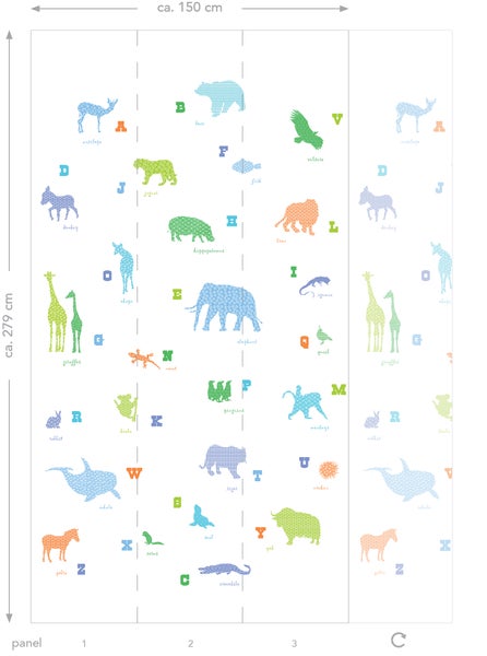 Tapete mit Tiermotiven und den Buchstaben des Alphabets.