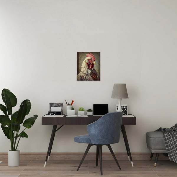 Wandbild mit Hahn im Anzug über einem Schreibtisch