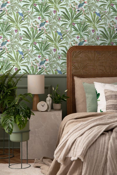 Walls4You Tapete tropische Dschungelblätter und Paradiesvögel Mintgrün und Grün - 53 cm x 10.05 m - 935331