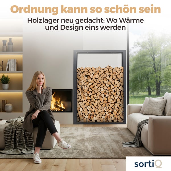 Modernes Wohnzimmer mit einem großen Wand-Holzlager voller Kaminholz neben einem brennenden Kamin und einem weißen Sofa. sortiQ Logo.