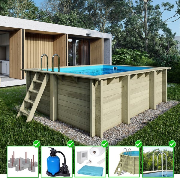 Aufstellpool aus Holz mit Leiter und Poolzubehör im Garten