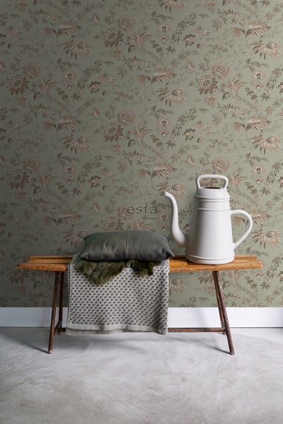 ESTAhome Tapete Blumenmuster Mintgrün und Hellrosa - 53 cm x 10.05 m - 139297