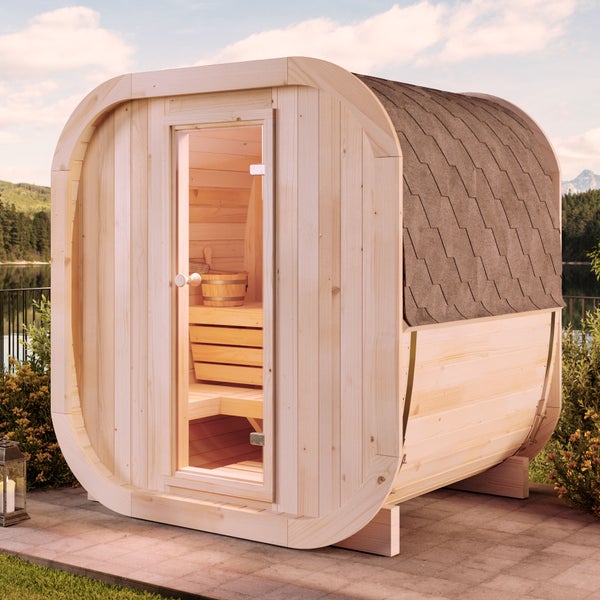 FinnTherm Fasssauna ScandiCube Mini XS Fasssauna 2 Sitzbänke aus Holz, Sauna mit 42 mm Wandstärke, Außensauna mit Montagematerial ohne Fenster, Naturbelassen 2,1x1,6m