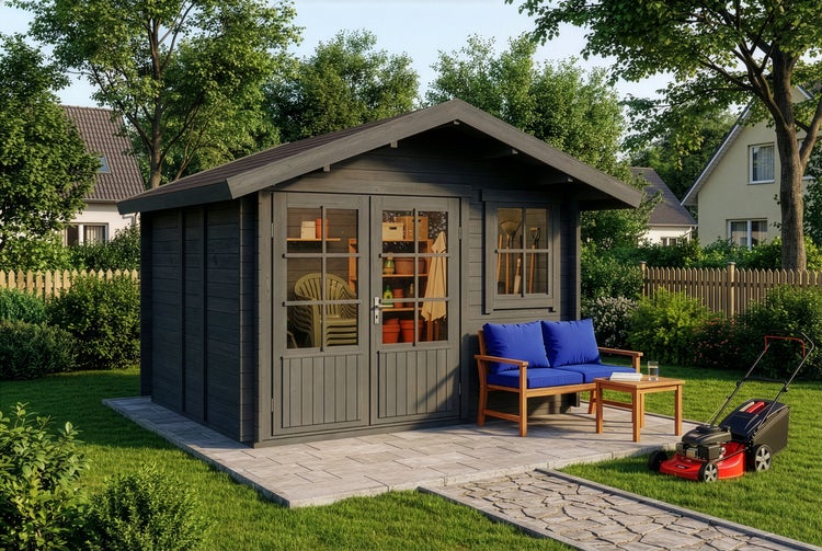 Graues Gartenhaus aus Holz mit Satteldach, Doppeltür und Fenster auf einer Terrasse. In einem hellen Garten mit Sofa und Rasenmäher.