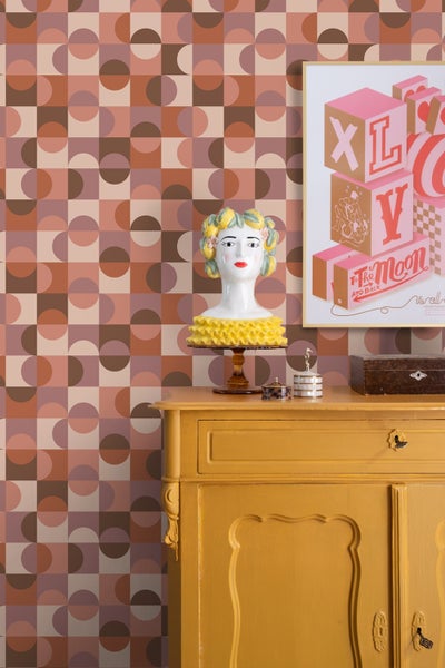 ESTAhome Tapete Kreise im Bauhaus-Stil Terrakotta, Lila und Braun - 50 x 900 cm - 131244