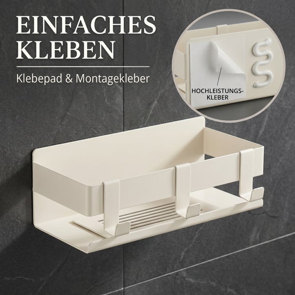 Wandregal ohne Bohren mit Klebebefestigung inklusive Detailansicht von Klebepad und Montagekleber.