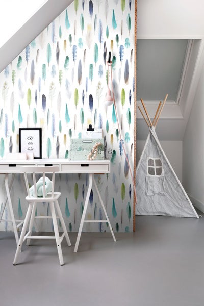 ESTAhome XXL-Vliestapete Federn Grün, Blau und Beige - 50 x 900 cm - 158602