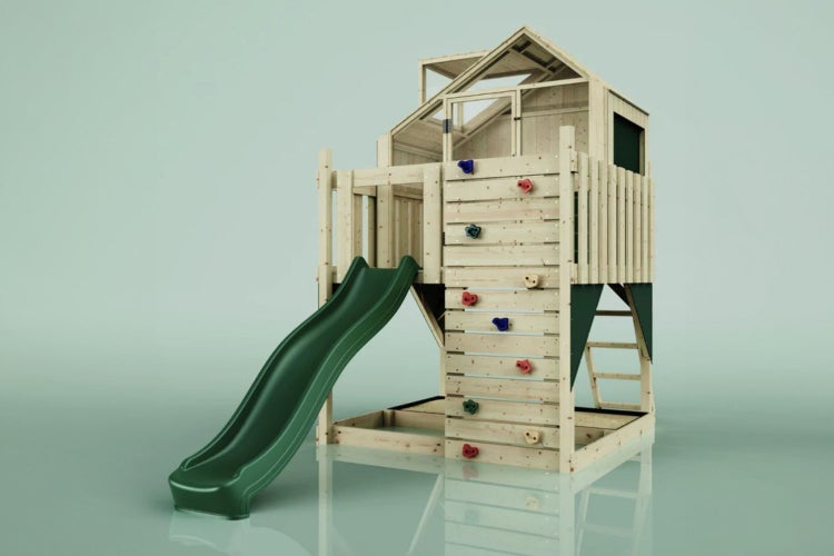 Spielturm mit Rutsche, Kletterwand und Sandkasten