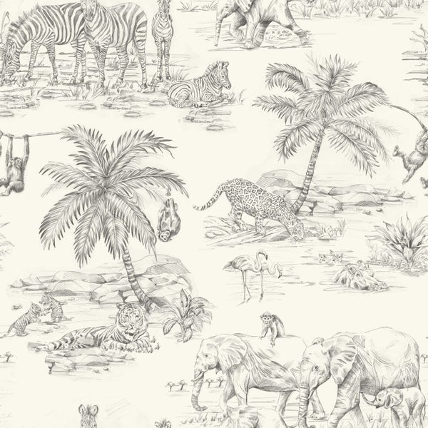 Origin Wallcoverings Tapete Dschungeltiere Elfenbeinweiß und Grau - 53 cm x 10.05 m - 347442