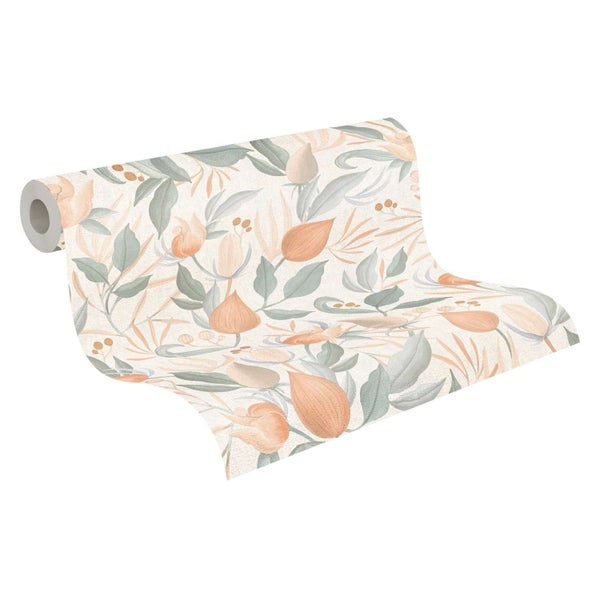 Tapetenrolle mit floralem Motiv und Blättern auf strukturiertem Untergrund
