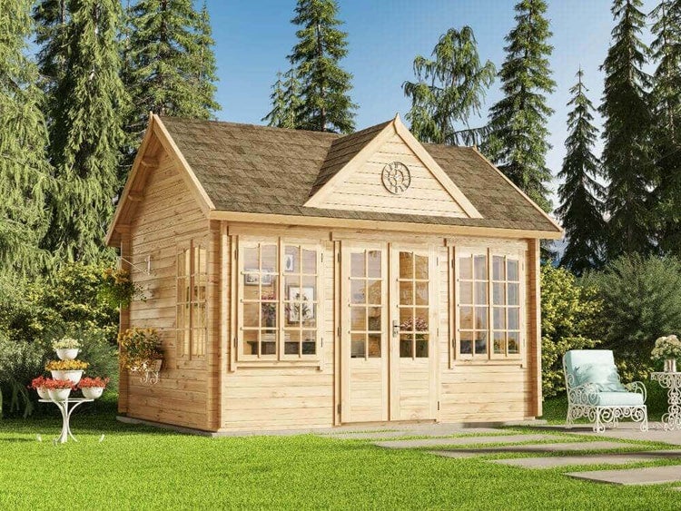 Alpholz Gartenhaus CLOCKHOUSE® 44 Royal ISO Gartenhaus aus Holz Holzhaus mit 44 mm Wandstärke, Blockbohlenhaus mit Montagematerial imprägniert