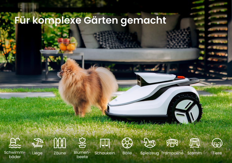 Mähroboter für komplexe Gärten auf einer Rasenfläche mit einem Hund und Symbolen für Hindernisse wie Zäune, Spielzeug und Haustiere.