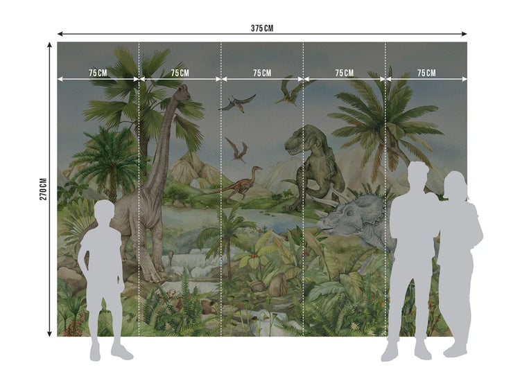 Fototapete mit Dinosaurier-Motiv in einer Urzeitlandschaft mit Palmen, Breite 375 Zentimeter, Höhe 270 Zentimeter, 5 Bahnen.