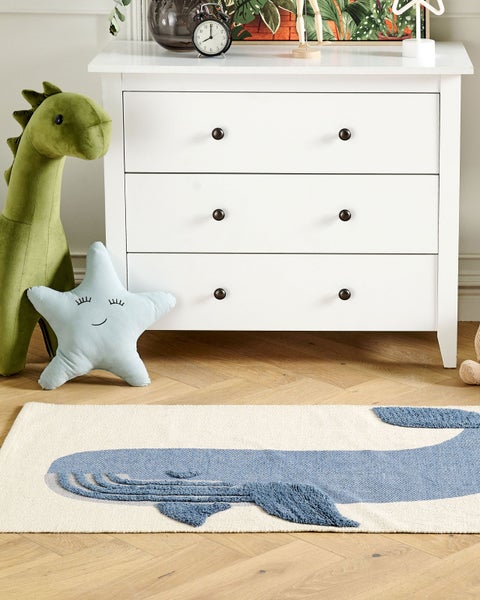 Kinderteppich Baumwolle beige / blau 80 x 150 cm Wal-Motiv SELAI