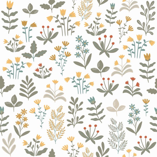 ESTAhome Tapete Feldblumen Dunkelgrün und Gelb - 50 x 900 cm - 131095