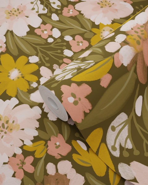 ESTAhome Tapete Blumen Olivgrün, Hellrosa und Ockergelb - 50 x 900 cm - 130928