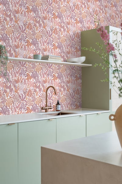 ESTAhome Tapete tropische Blätter und Blüten Orange und Lila - 50 x 900 cm - 131667
