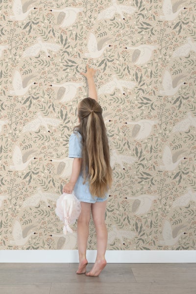 ESTAhome Tapete Schwäne Beige, Weiß und Graugrün - 53 cm x 10.05 m - 139797