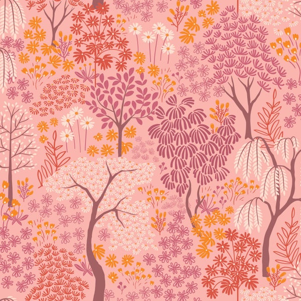 ESTAhome Tapete Bäumen und Blumen Rosa, Lila und Orange - 50 x 900 cm - 131188