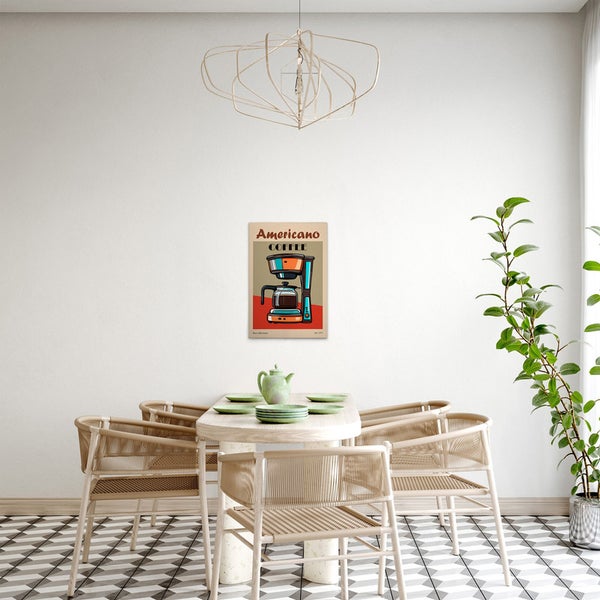 Dekorative Leinwand mit Kaffeemaschinenmotiv über einem Esstisch