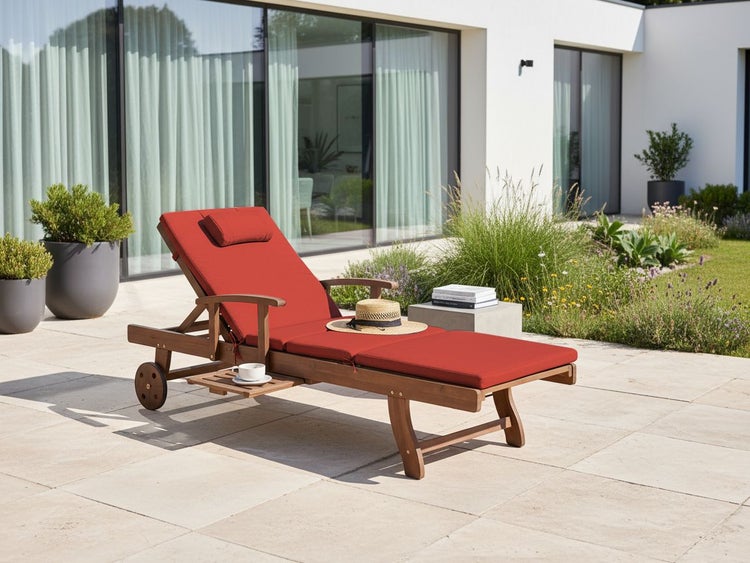 Gartenszene mit einer hölzernen Sonnenliege mit roter Auflage und einem Beistelltisch
