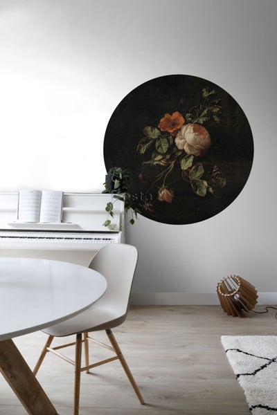 ESTAhome selbstklebende runde Tapete Blumenstillleben Dunkelrot und Schwarz - Ø 140 cm - 159014