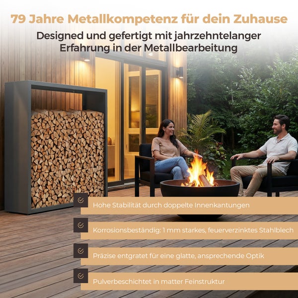 Terrasse mit Brennholzregal aus feuerverzinktem Stahlblech, Feuerschale und Sitzgruppe. Stabil, korrosionsbeständig und pulverbeschichtet.