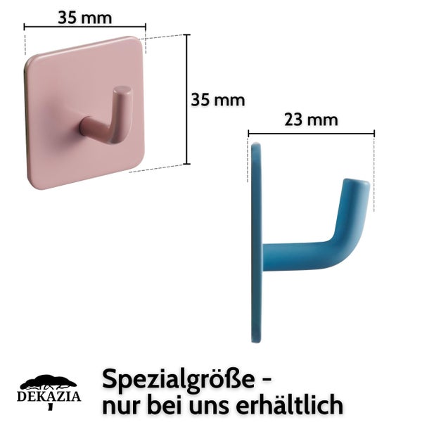 Wandhaken mit Maßen 35 Millimeter Breite, 35 Millimeter Höhe und 23 Millimeter Tiefe. Spezialgröße. Dekazia Logo.