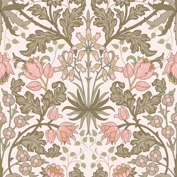 ESTAhome Tapete Blumenmuster im Jugendstil Hellrosa und Graugrün - 50 x 900 cm - 131176
