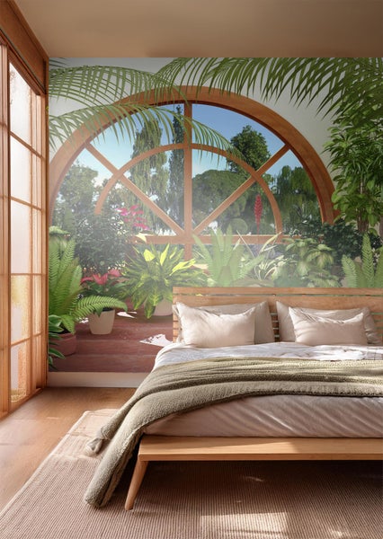 Schlafzimmer mit Wandbild, das ein Fenster und Pflanzen zeigt