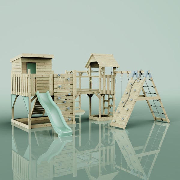 Holzspielplatz mit Rutsche, Kletterwand und Spielhaus