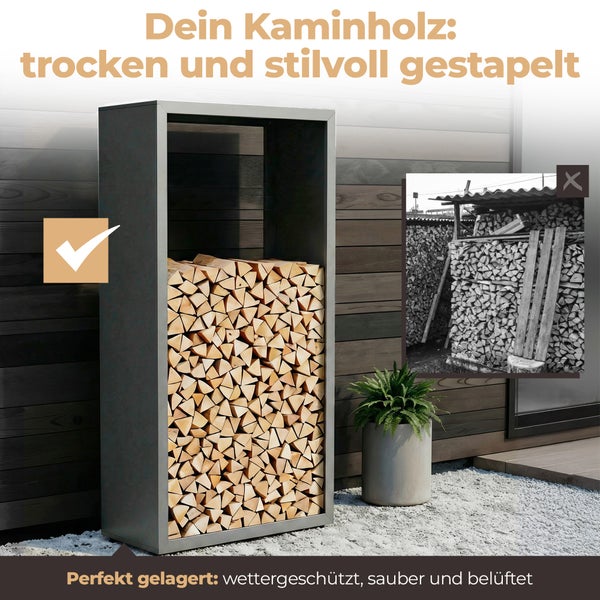 Kaminholzregal aus Metall mit gestapeltem Brennholz im Außenbereich