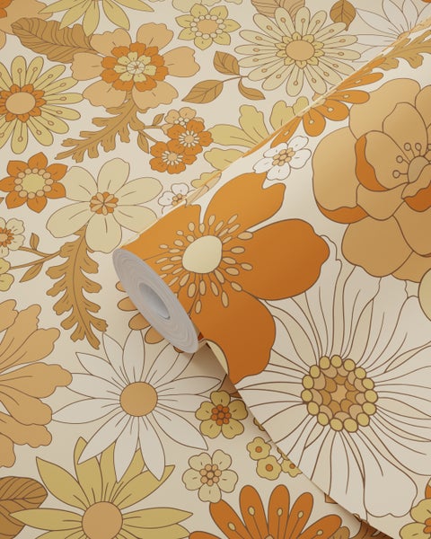 ESTAhome Tapete Retro Blumen Orange - 53 cm x 10.05 m - 130963