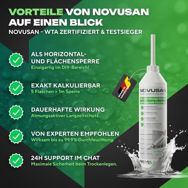 Infografik zur Novusan Horizontalsperre mit Vorteilen wie WTA Zertifizierung, Made in Germany, präziser Kalkulation und dauerhaftem Feuchtigkeitsschutz.