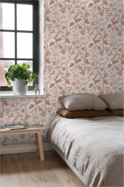 ESTAhome Tapete Blumenmuster Altrosa, Terrakotta und Grün - 53 cm x 10.05 m - 139478