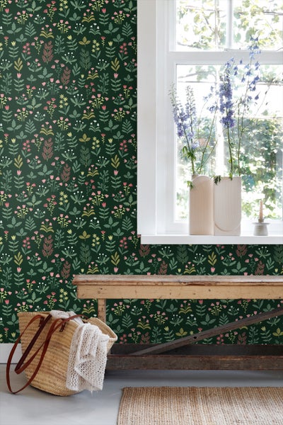 ESTAhome Tapete Feldblumen Dunkelgrün und Rosa - 50 x 900 cm - 131099