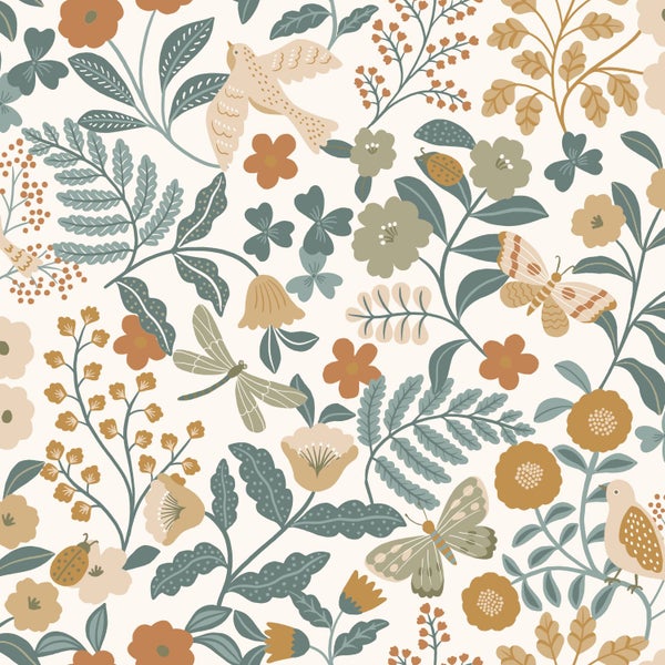 ESTAhome Tapete Blumen und Vögel Graublau, Olivgrün und Ockergelb - 53 cm x 10.05 m - 139865