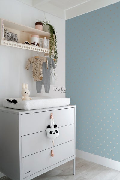 ESTAhome Tapete Herzchen Vintage Blau und Kupferbraun - 53 cm x 10.05 m - 128833