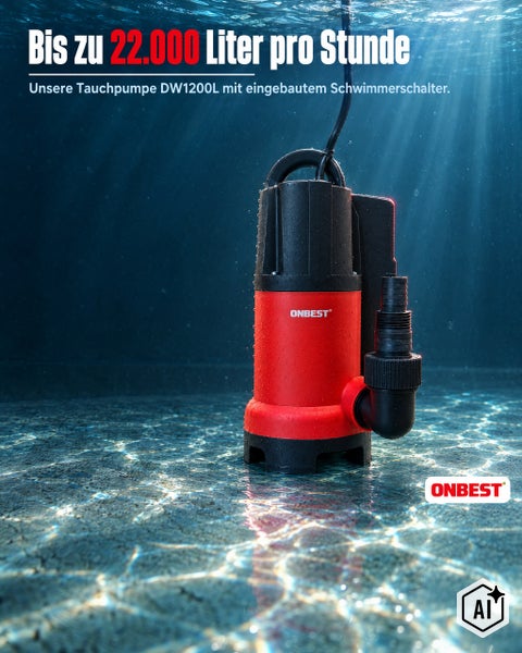 Tauchpumpe Onbest DW1200L mit eingebautem Schwimmerschalter für bis zu 22000 Liter pro Stunde Fördermenge.