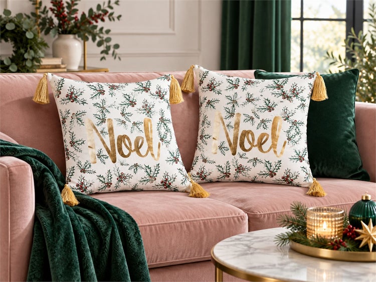 Zwei quadratische Dekokissen mit weihnachtlichem Stechpalmenmotiv und Noel Schriftzug sowie Zierquasten auf einem rosa Sofa.